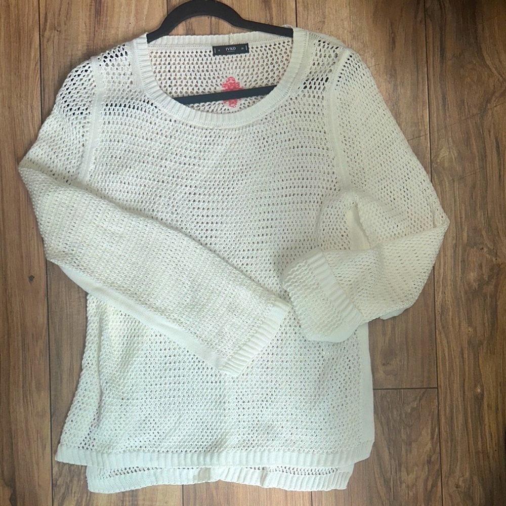 IVKO White Crew Neck Sweater with Textured Knit, and red logo on back. Size 38eu